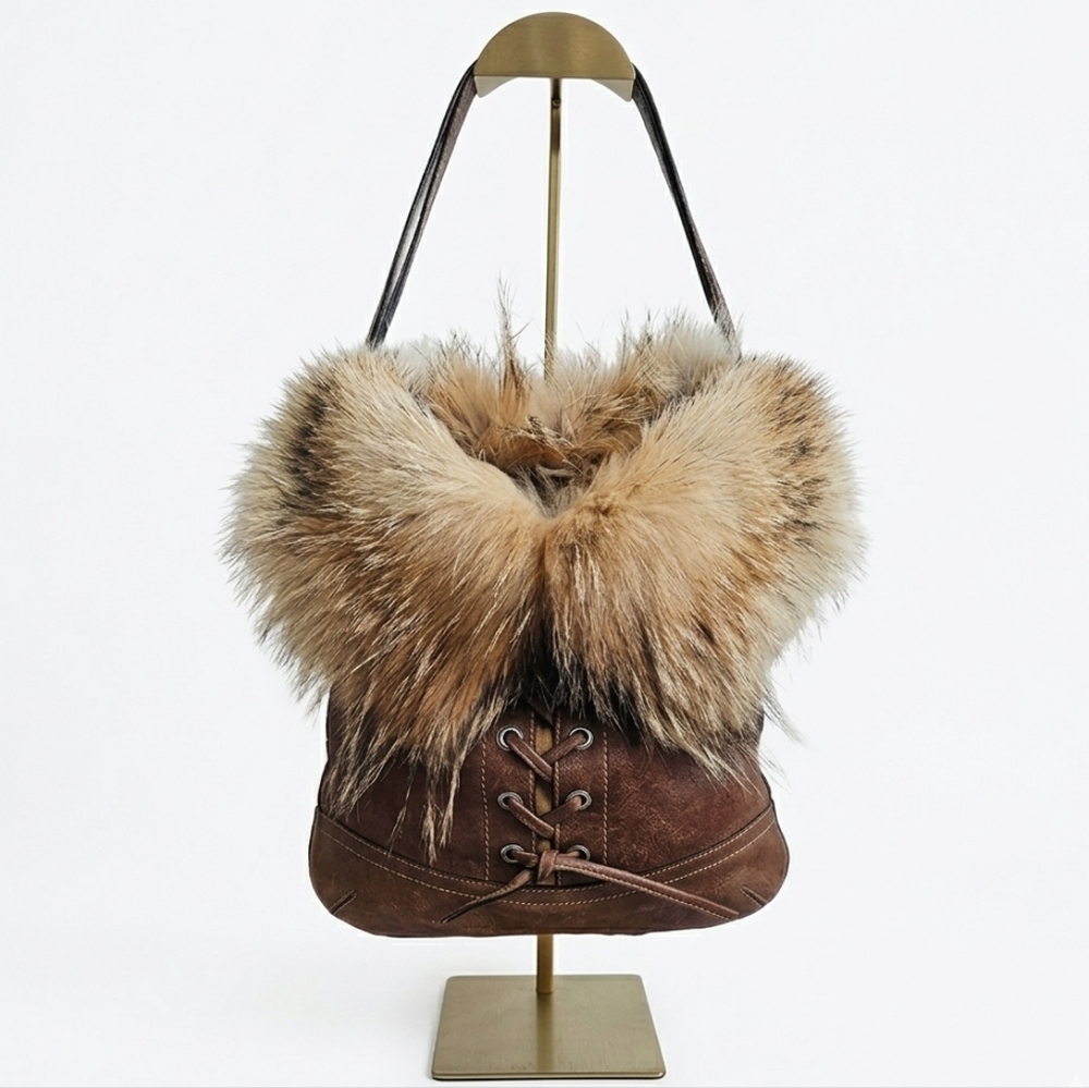 Coach Vintage 2004 Archival Coyote Fur Leather Lace Up Hobo 1426 EUC